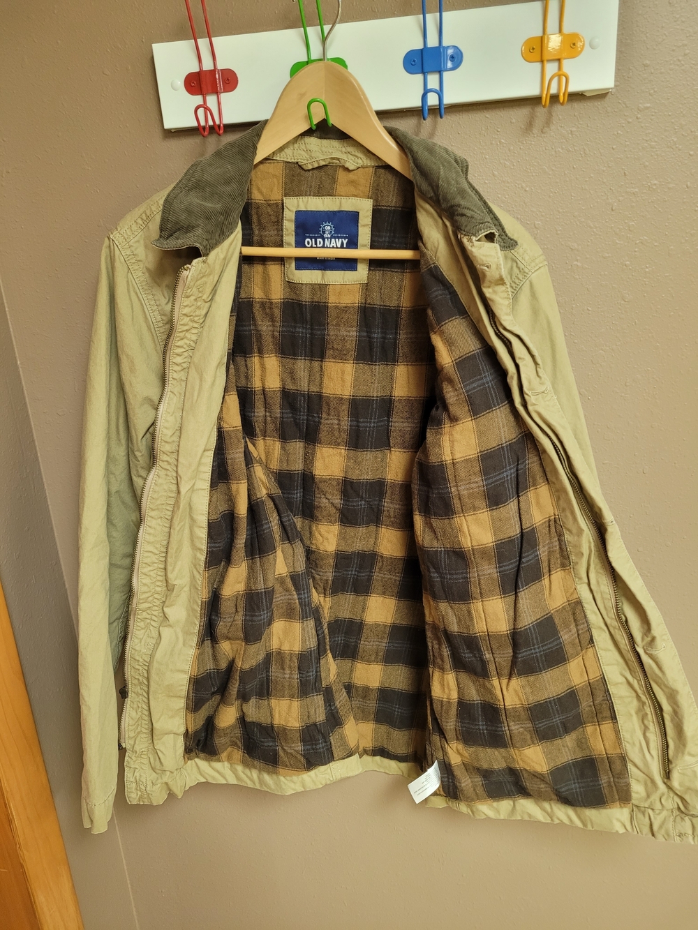 Old Navy Men's Khaki Field Jacket with Dark Brown Collar - Picture 3 of 7